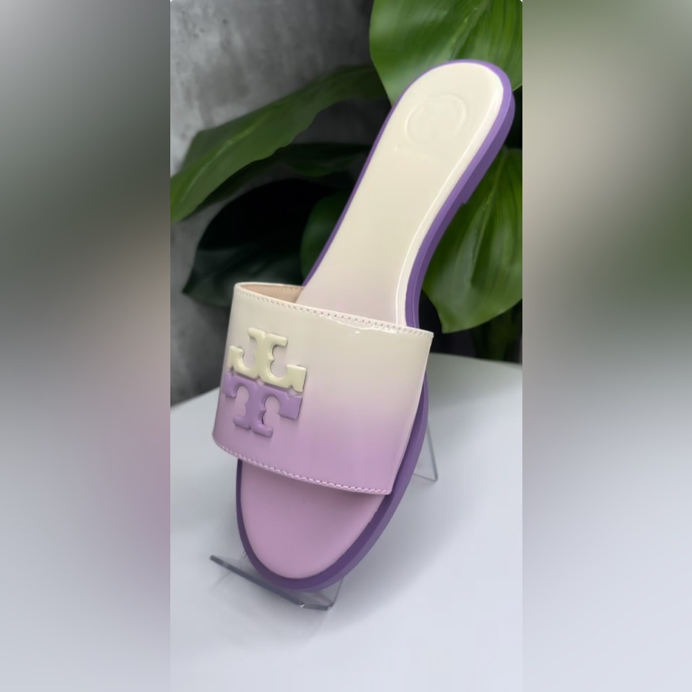 Tory Burch Everly Slide Flat Soft Patent Leather Sweet corn/Lavender Cloud. SZ 5